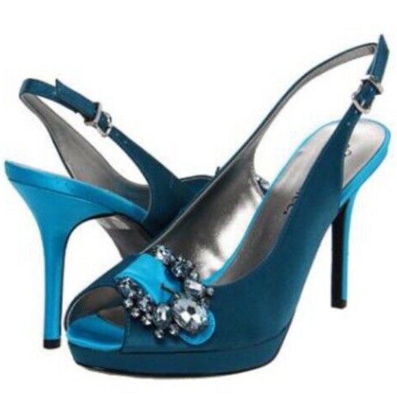 SOLD❗️ New J Renee REGINA Teal & Peacock Jeweled Peeptoe Satin Shoes in Size 8.5 - Picture 3 of 16